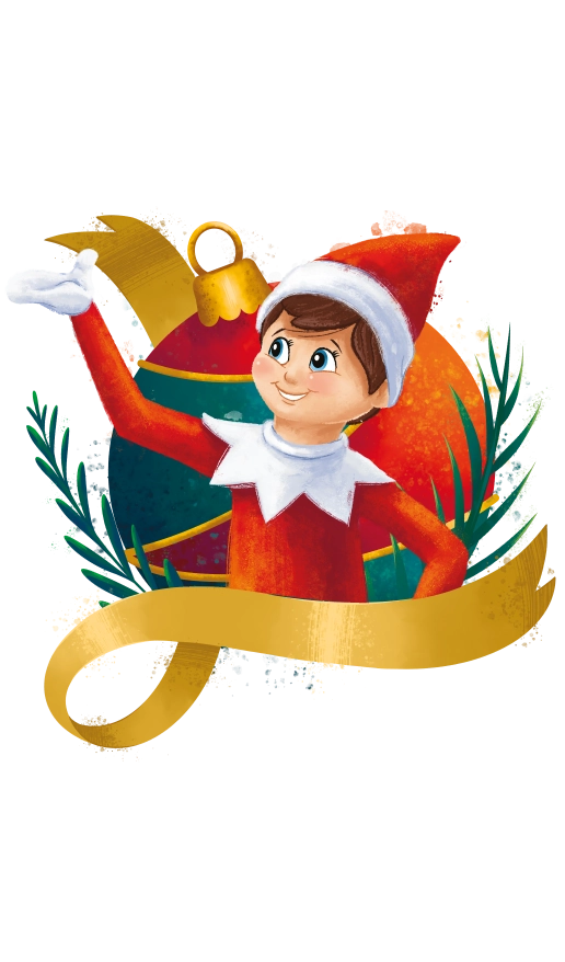 An illustration of a boy Scout Elf posing alongside some festive conifer branches and a Christmas ornament, surrounded by an interlacing, golden ribbon. These illustrations are from the collection celebrating the 20th anniversary of The Elf on The Shelf®!