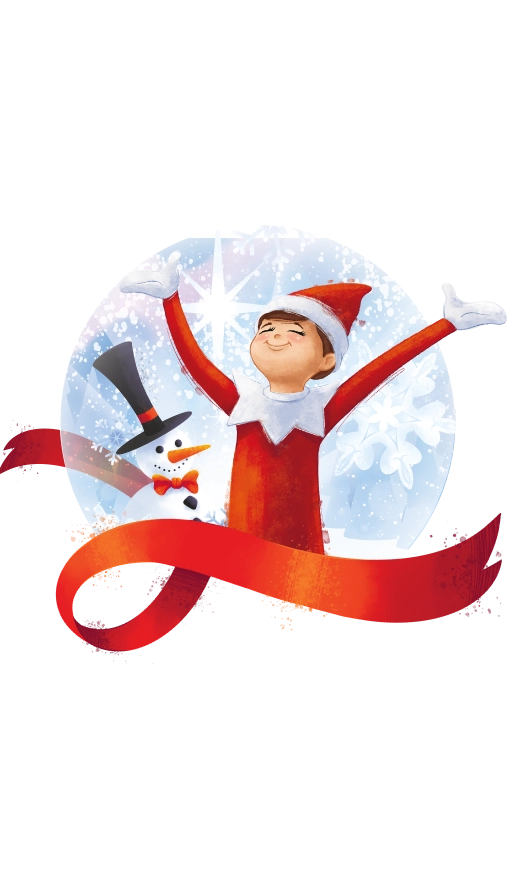 An illustration of a boy Scout Elf striking a joyous pose amidst a snow globe with a cheerful snowman, surrounded by an interlacing, red ribbon. These illustrations are from the collection celebrating the 20th anniversary of The Elf on The Shelf®!