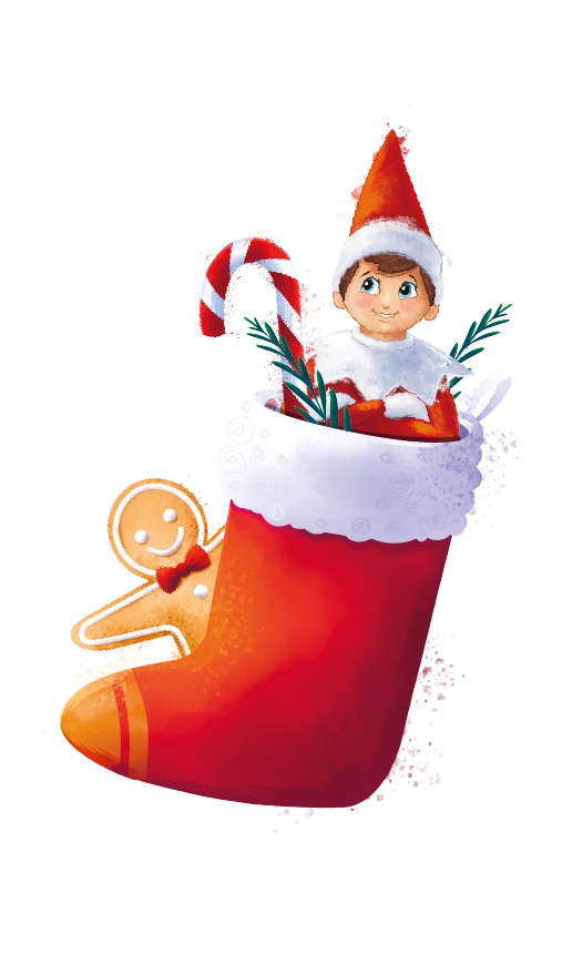 An illustration of a boy Scout Elf standing inside a red Christmas stocking, amidst festive branches and a peppermint candy cane with a Gingerbread man popping out from the bottom left-hand side of the stocking. These illustrations are from the collection celebrating the 20th anniversary of The Elf on The Shelf®!