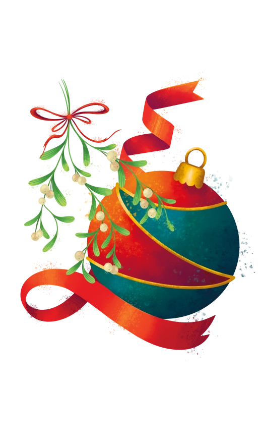 An illustration of a red and green Christmas ornament and a mistletoe bunch, surrounded by an interlacing, red ribbon. These illustrations are from the collection celebrating the 20th anniversary of The Elf on The Shelf®!