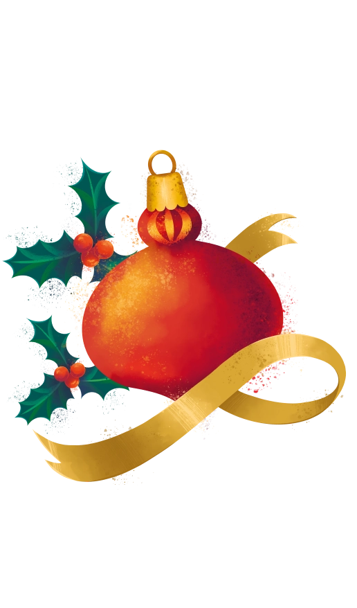 An illustration of a red Christmas ornament flanked by a couple of holly clusters with red berries. These are surrounded by an interlacing, golden ribbon. These illustrations are from the collection celebrating the 20th anniversary of The Elf on The Shelf®!