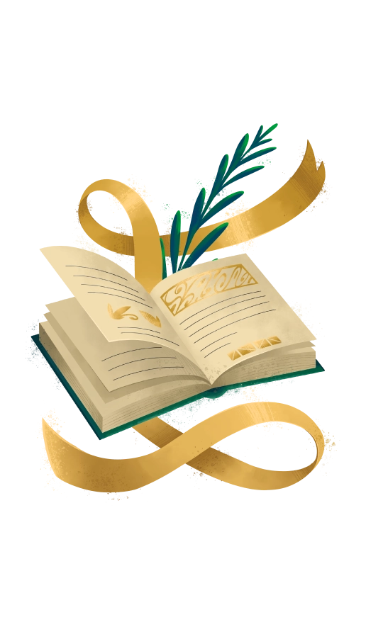 An illustration of a festive storybook with a tree branch, surrounded by an interlacing, golden ribbon. These illustrations are from the collection celebrating the 20th anniversary of The Elf on The Shelf®!