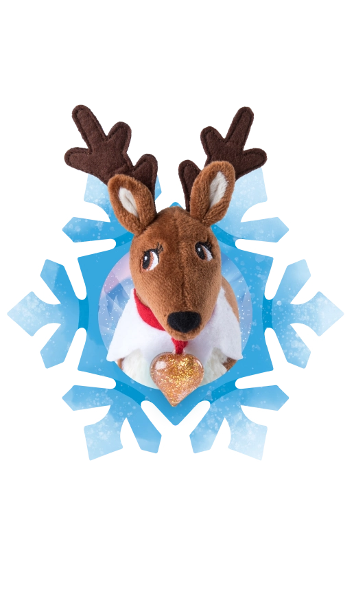 The Elf Pets® Reindeer plush inside a 20th Anniversary illustration-styled snowflake frame.