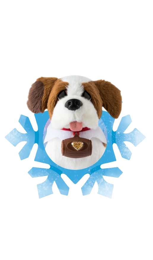 The Elf Pets® Saint Bernard plush inside a 20th Anniversary illustration-styled snowflake frame.
