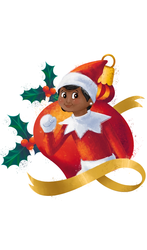 An illustration of a girl Scout Elf posing alongside some festive holly bunches with red berries and a Christmas ornament, surrounded by an interlacing, golden ribbon. These illustrations are from the collection celebrating the 20th anniversary of The Elf on The Shelf®!