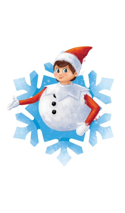 An illustration of a girl Scout Elf posing while wearing a snowman costume inside a 20th Anniversary illustration-styled snowflake frame. These illustrations are from the collection celebrating the 20th anniversary of The Elf on The Shelf®!