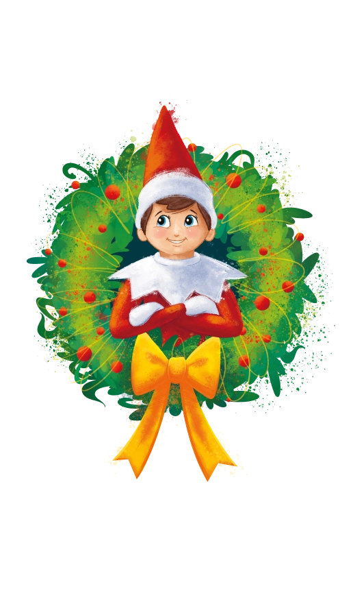 An illustration of a boy Scout Elf poses with his arms crossed smiling through the middle of a Christmas wreath, adorned with a festive, golden bow. They are also surrounded by an interlacing, golden ribbon. These illustrations are from the collection celebrating the 20th anniversary of The Elf on The Shelf®!