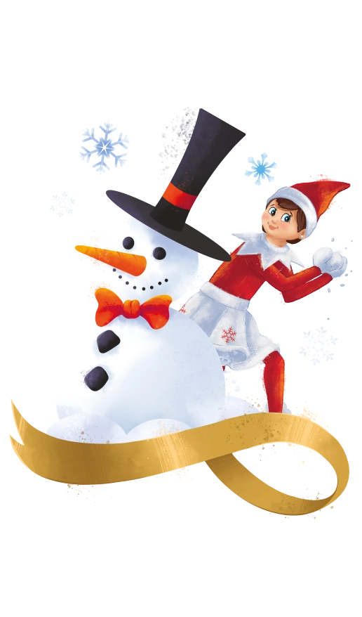 An illustration of a girl Scout Elf playfully cocking her arm back before launching a snowball, from behind the cover of a cheerful snowman wearing a black top hat and red bowtie. They appear to be atop an interlacing, golden ribbon with snow flurries surrounding them. These illustrations are from the collection celebrating the 20th anniversary of The Elf on The Shelf®!