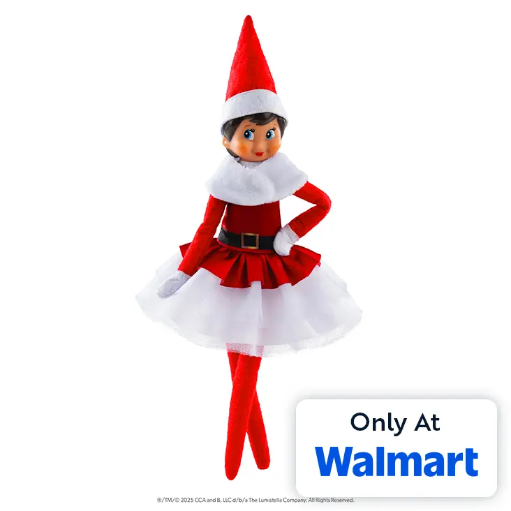 Scout Elf girl with light skin and blue eyes wearing the white and red Fancy Santa Party Dress. She has her left hand on her hip. On the bottom right is a graphic that says Only at Walmart.