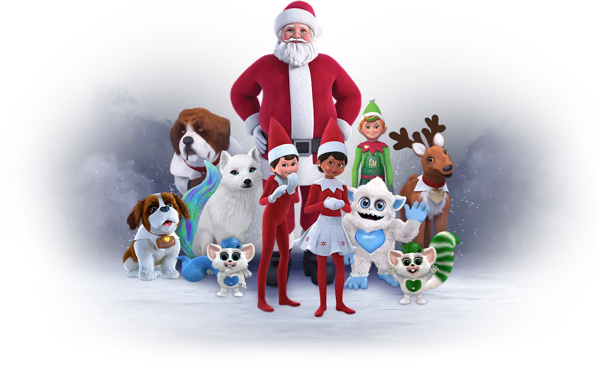 Collage of Santaverse Characters including Santa Claus, Barry, Elf Mates Cobbler, Noorah, 2 Scout Elves, Little Grunt, 2 Bogies, an Elf Pets Reindeer, and an Elf Pets St. Bernard. They are all standing on a patch of snow with white stars in the background.