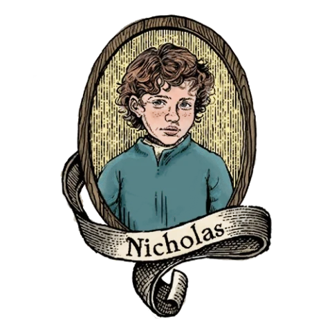 Sketch art of Nicholas the Noble centered in a medieval style frame with 'Nicholas' script on a scroll underneath the frame