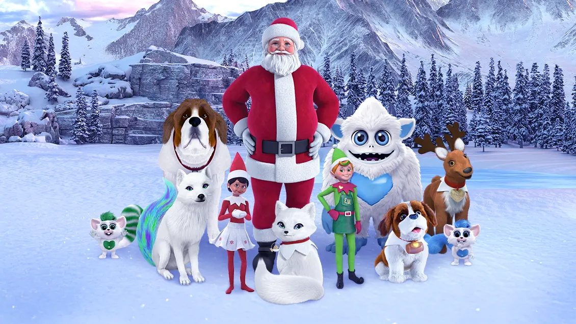 A group of Santaverse characters including Santa Claus, Barry, Elf Mates Cobbler, Noorah, a girl Scout Elf, Little Grunt, 2 Bogies, an Elf Pets Reindeer, Elf Pets Arctic Fox Cub, and an Elf Pets St. Bernard. They are all standing on a snow-covered field with a mountain range, pine trees, cliff and frozen pond behind them.