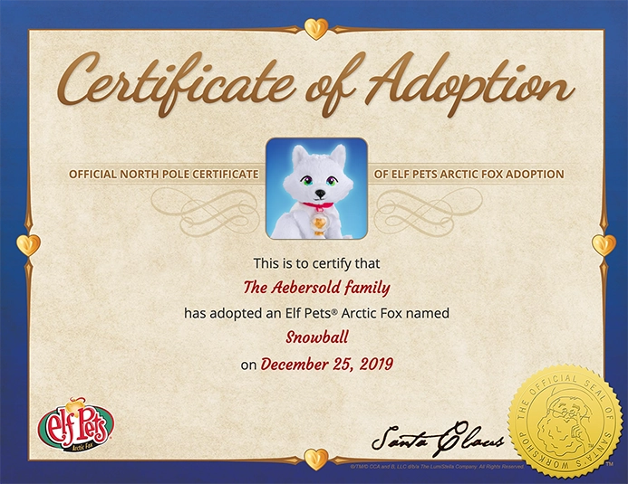 A thumbnail image of the Arctic Fox Certificate of Adoption, with "Certificate of Adoption" written along the top, an image of the Elf Pets Arctic Fox, details of the registration, the Elf Pets logo in the bottom-left corner and Santa Claus' signature and seal in the bottom-right corner.