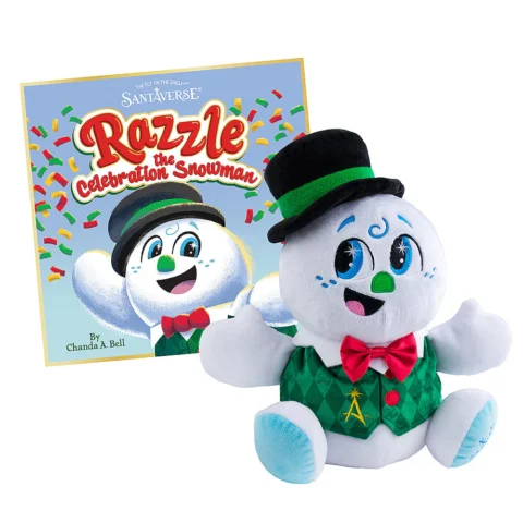 Image of the cover of Razzle the Celebration Snowman book and the plush snowman product