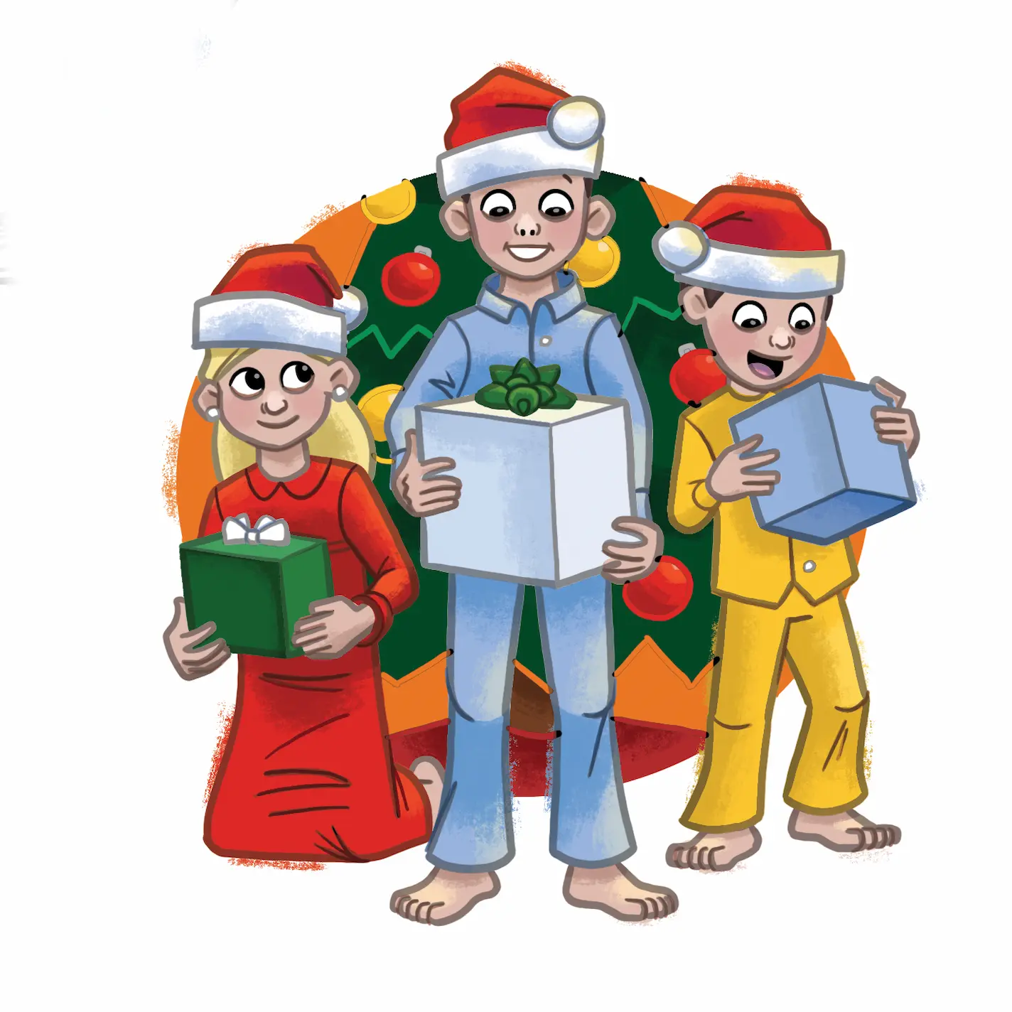 Three children hold gift boxes