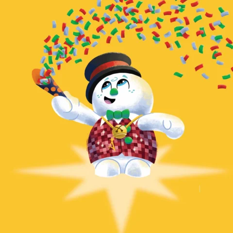 Razzle the Celebration Snowman throw confetti in the air in celebration