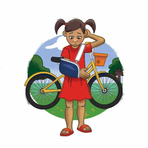 A girl with a broken arm in a sling stands in front of a bicycle