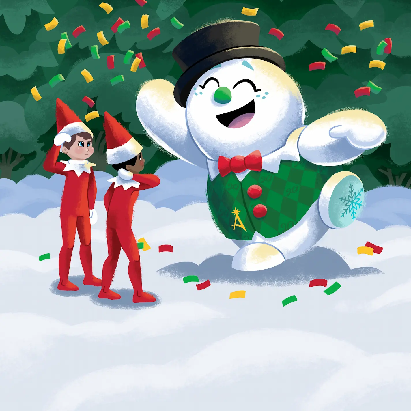 Razzle dances in front of two Scout Elves who seem confused by his exuberant celebation