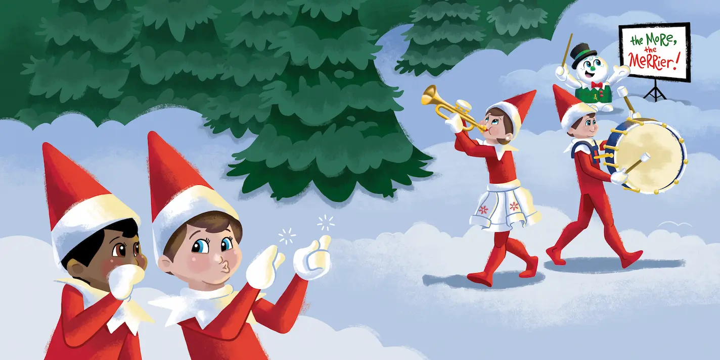 Illustration of Razzle standing near a sign that says "The More, the Merrier" with Scout Elves dancing and playing trumpets