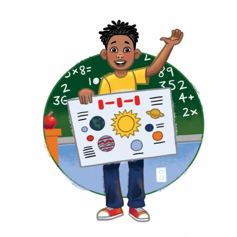 A brown-skinned boy holds a science fair poster in celebration of his accomplishment