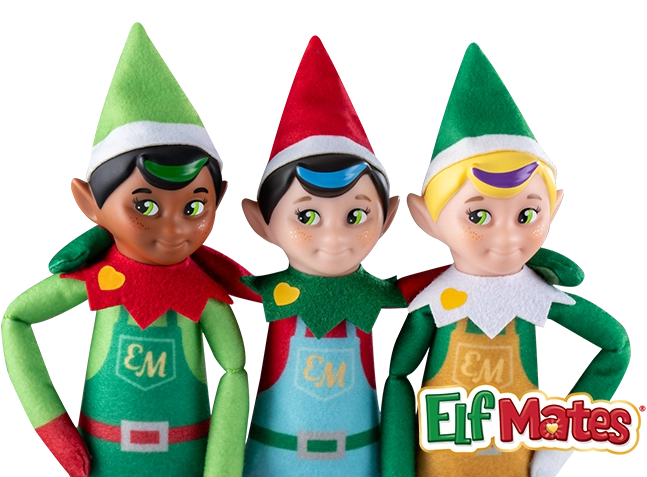 Three Elf Mates standing in a row. The middle Elf Mate has his arms around the Elf Mates on either side. On the bottom right is the Elf Mates logo. In the logo, the word Elf is green and the word Mates is in red. The counter shape of the a is a gold heart. Around the words is a white and gold stroke.