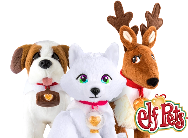 The pup, arctic fox, and reindeer Elf Pets standing in a row. On the bottom right is the Elf Pets logo. The words are red and there's a gold heart above the text. Around the words is a white, green, and gold stroke.