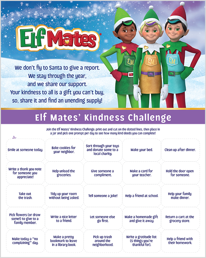 A PDF of 25 Kindness activities from the Elf Mates
