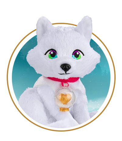 The Elf Pets® Arctic Fox is posing in a circle with a teal winter landscape in the background. The background is framed with another gold stroke circle.