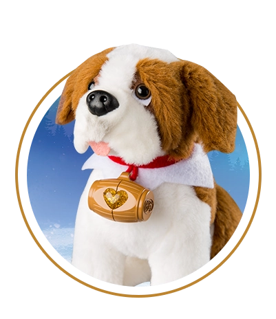 The Elf Pets® Saint Bernard is posing in a circle with a teal winter landscape in the background. The background is framed with another gold stroke circle.