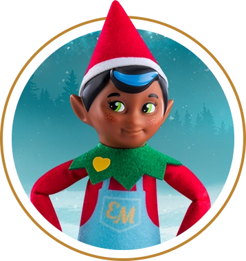 The Elf Mates® Chef is posing in a circle with a teal winter landscape in the background. The background is framed with another gold stroke circle.
