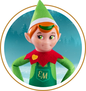 The Elf Mates® Cobbler is posing in a circle with a teal winter landscape in the background. The background is framed with another gold stroke circle.