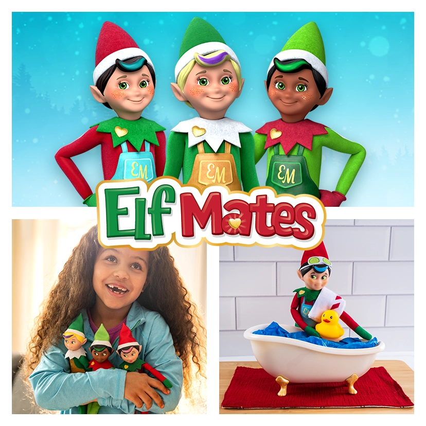 Collage of the 3D animated Elf Mates, a close up of a child holding all three Elf Mate products, and an Elf Mate sitting next to a bath tub atop a red bath mat with a rubber ducky and towel draped over his shoulder.