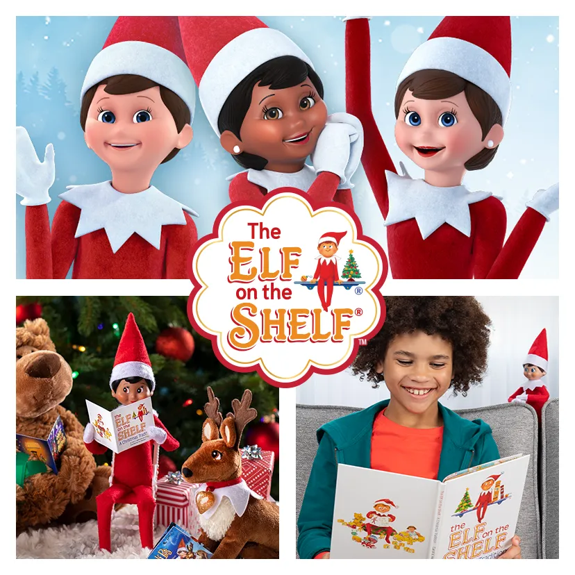 Collage of the 3D animated Scout Elves, a Scout Elf doll reading a mini The Elf on the Shelf Tradition storybook surrounded by a teddy bear plush reading a mini The Night Before Christmas storybook, and an Elf Pets Reindeer reading a mini Elf Pets Reindeer Tradition storybook, and a child sitting on a sofa reading The Elf on the Shelf Tradition storybook while a boy Scout Elf looks over his shoulder