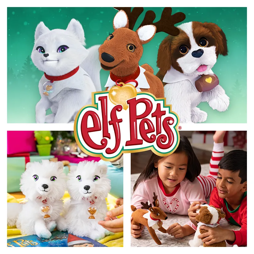 Collage of the 3D animated Elf Pets Arctic Fox, Reindeer and Saint Bernard, an Arctic Fox plush sitting in a magical snowscape with conifer trees and the Northern Lights overhead, and two children playing with an Elf Pets Reindeer and Elf Pets Saint Bernard on the floor.