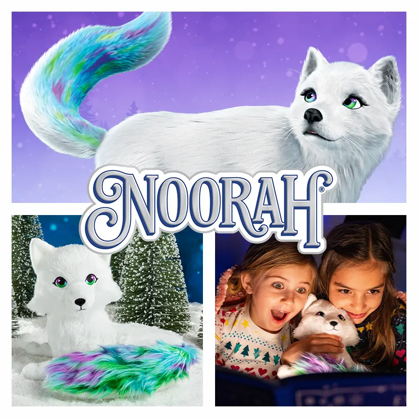 Collage of the 3D animated Extraordinary Noorah, the Extraordinary Noorah plush, and 2 children reading the Extraordinary Noorah storybook while holding the matching plush. Overtop of the middle of the collage is the Noorah logo.