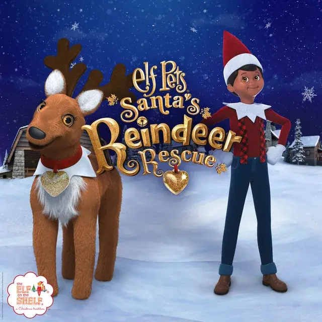 There is a smiling Elf Pets reindeer on the left, and Timber, the boy Scout Elf with plaid suspenders and jeans on the right. The Elf Pets Santa's Reindeer Rescue logo is in between them. They are standing on a patch of snow. In the background is a blue sky filled with snowflake and Santa's North Pole stables. On the bottom left is The Elf on the Shelf scallop logo.