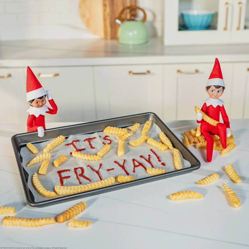 A series of images showing two elves next to a pan of french fries spelling out IS it Fry-yay yet?