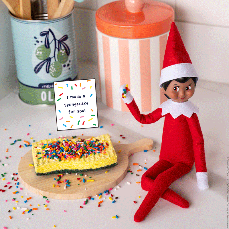 A series of images showing an elf beside a pretend cake made of a sponge and sprinkles