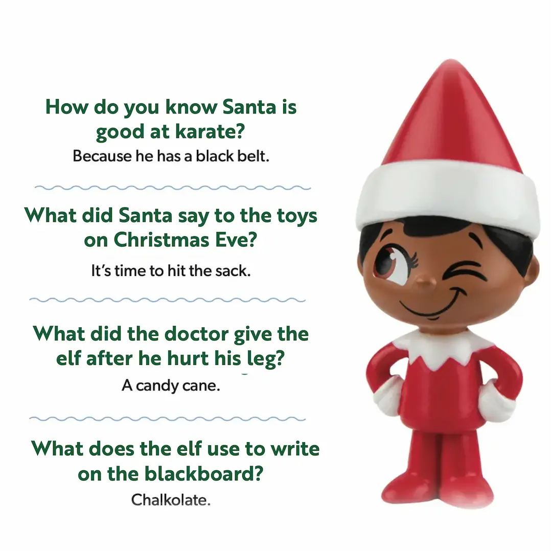 A Scout Elf mini stands beside four jokes 