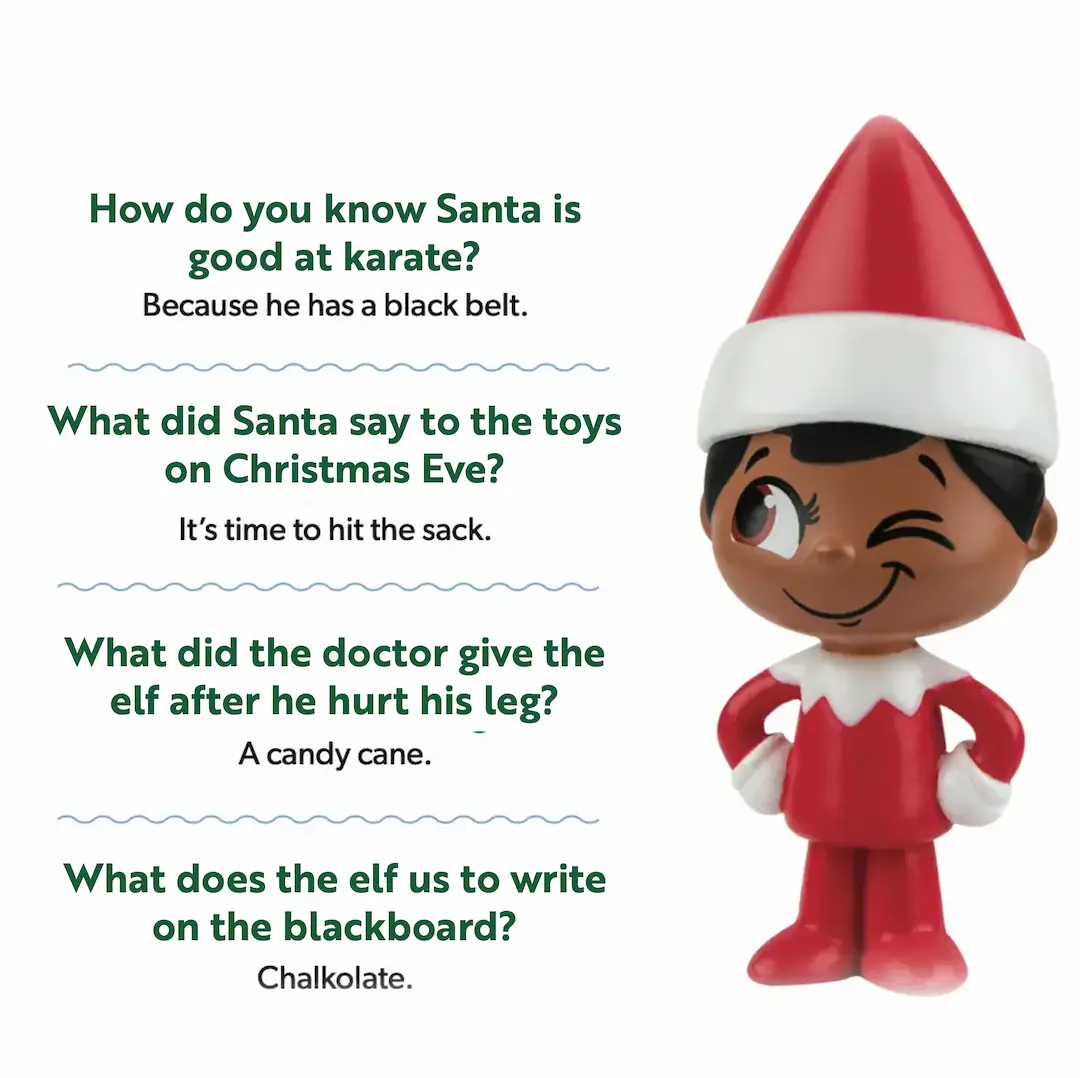 A miniature Scout Elf figurine standing beside 4 silly North Pole jokes