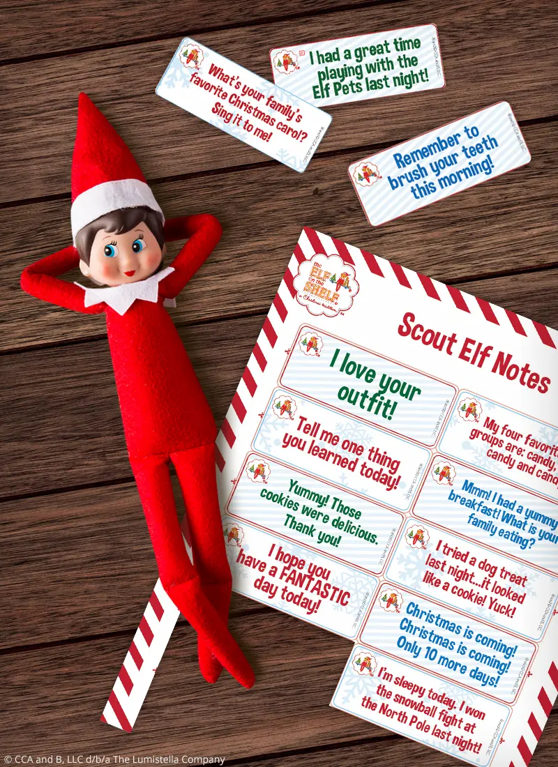 A Scout Elf beside a set of printable notes