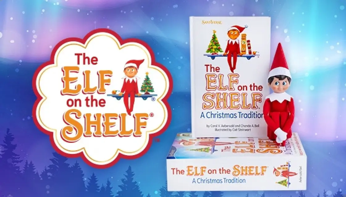 The Elf on the Shelf boxset and logo over a mystical sky, complete with The Northern Lights and a silohutte of some vector stylized conifer trees in a purple gradient at the bottom.