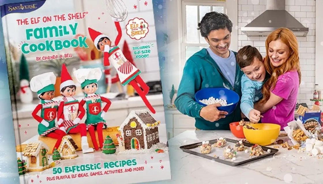 The Elf on the Shelf Family Cookbook is featured on the left-hand side, while the right-hand side features a lifestyle image of a father, son and mother are trying their hand at cooking one of the 50 Elftastic Recipes included in the book!