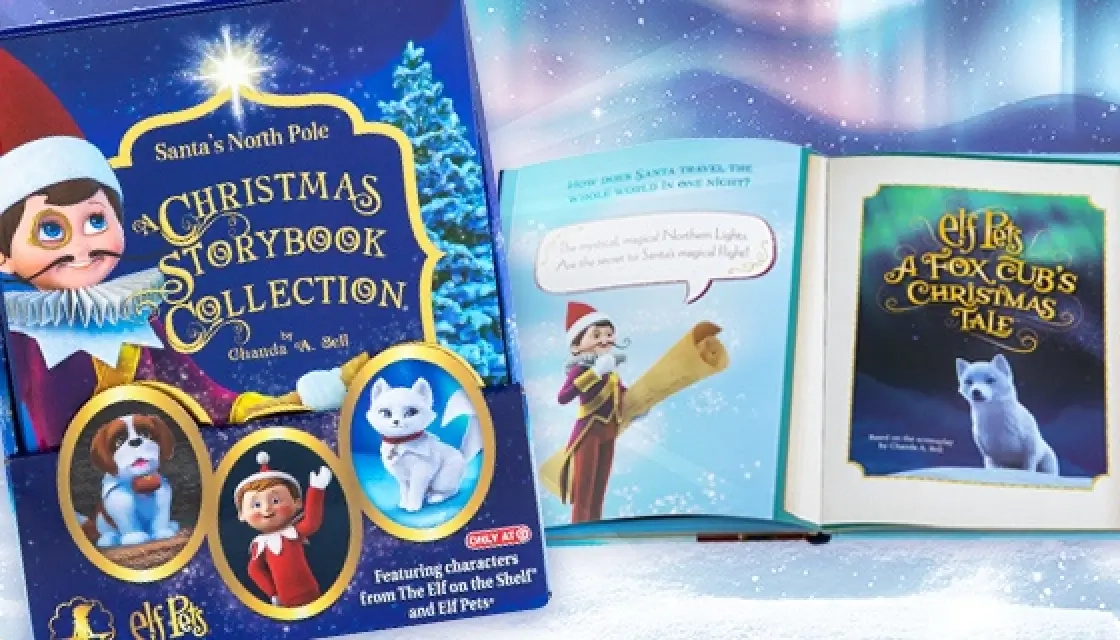 Santa's North Pole: A Christmas Storybook Collection book is featured on the left-hand side with an open-faced view of the inside of the book on the right. The background is a mystical snowscape with the Northern Lights on full display.