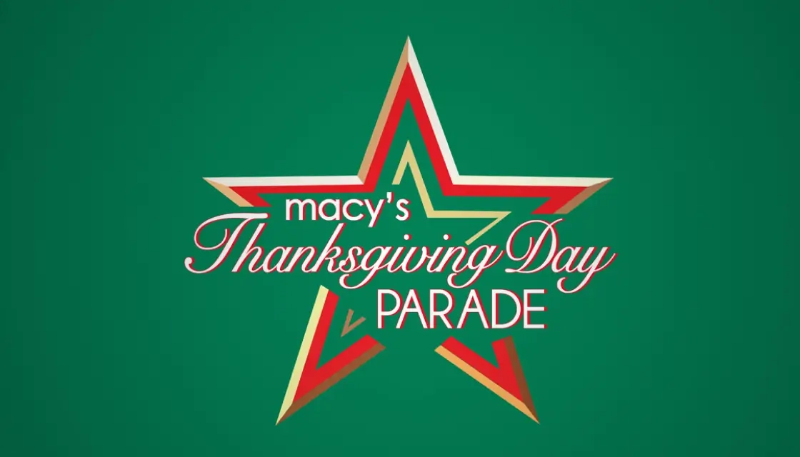 Macy's Thanksgiving Day Parade logo over a green background.