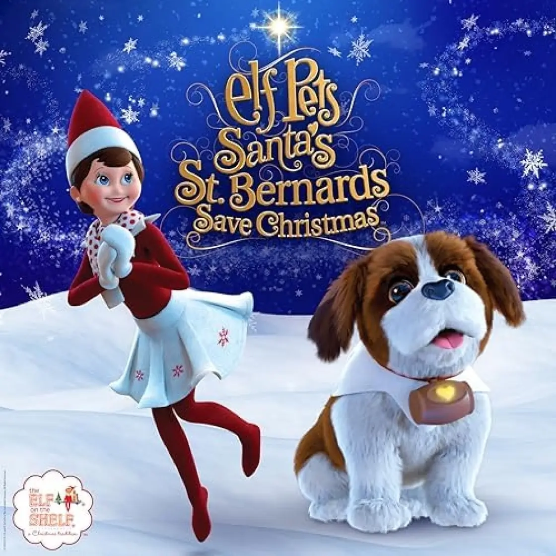 Elf Pets® Santa's St. Bernards Save Christmas album art, featuring an Elf Pets St. Bernard and a female Scout Elf. They are positioned over a snowy landscape with a dusky, dark blue sky with snowflakes surrounding.