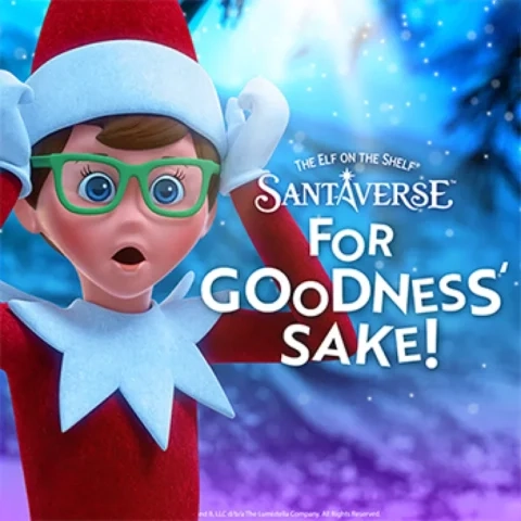 The Elf on the Shelf Santaverse: For Goodness Sake! album art, featuring a Scout Elf with a panicked expression over a wintery background of purples, blues and white. Some Christmassy foilage can be seen in the background.