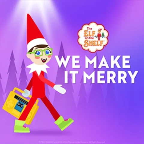 The Elf on the Shelf: We Make It Merry album art, featuring a 2D illustration styled Scout Elf, with a yellow boom box in hand. The background is a collection of purple gradients with 2D illustration styled conifer trees.