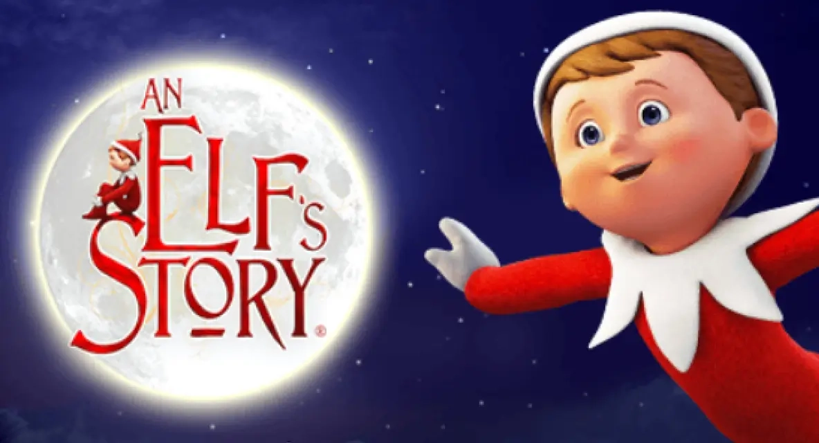 An Elf's Story cover art, featuring Chippey the Elf flying with the night sky and moon in the background. Over the moon is the film's branding which reads, "An Elf's Story®".