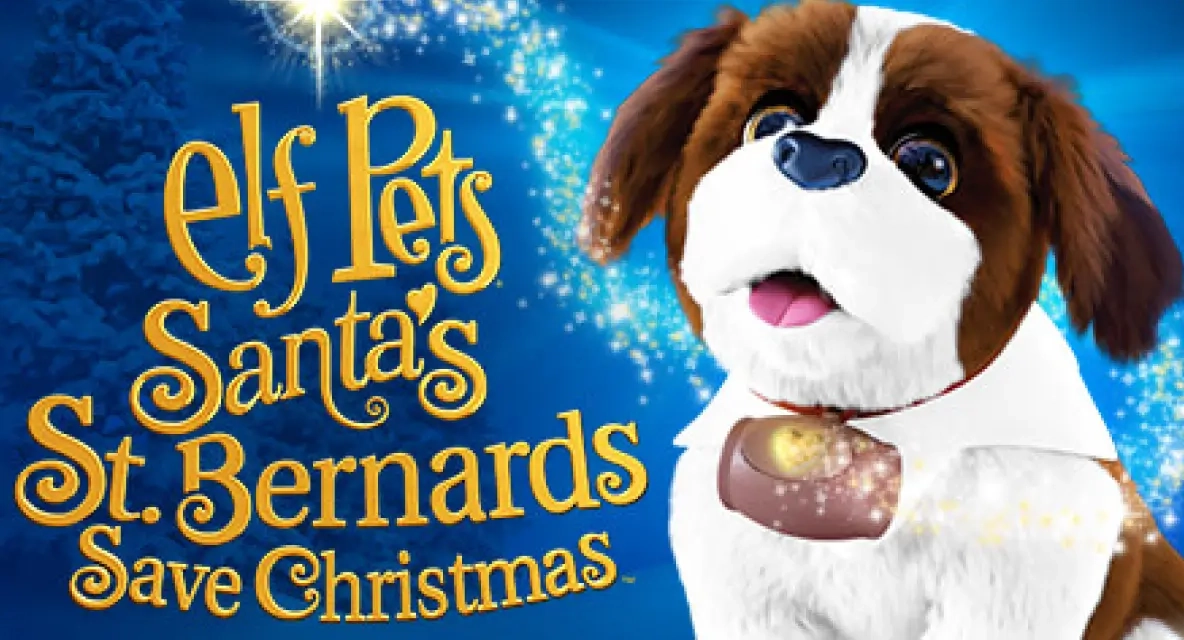 Elf Pets®: Santa's St. Bernards Save Christmas cover art. In the right-hand corner is an Elf Pets Saint Bernard pup, with a friendly gaze upon the viewer. In the left-hand corner is the film's branding, reading "Elf Pets® Santa's St. Bernards Save Christmas". In the background is a snowy landscape with snow-capped conifer trees.